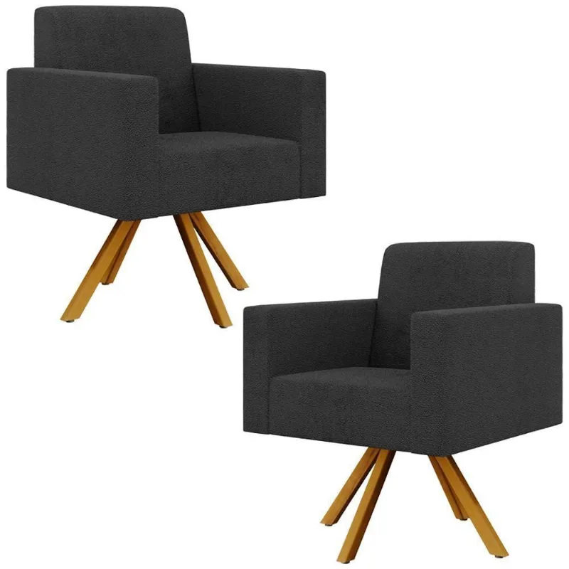 Kit 02 Poltronas Giratórias Sala De Estar Base De Madeira Helô L02 Bouclê Preto