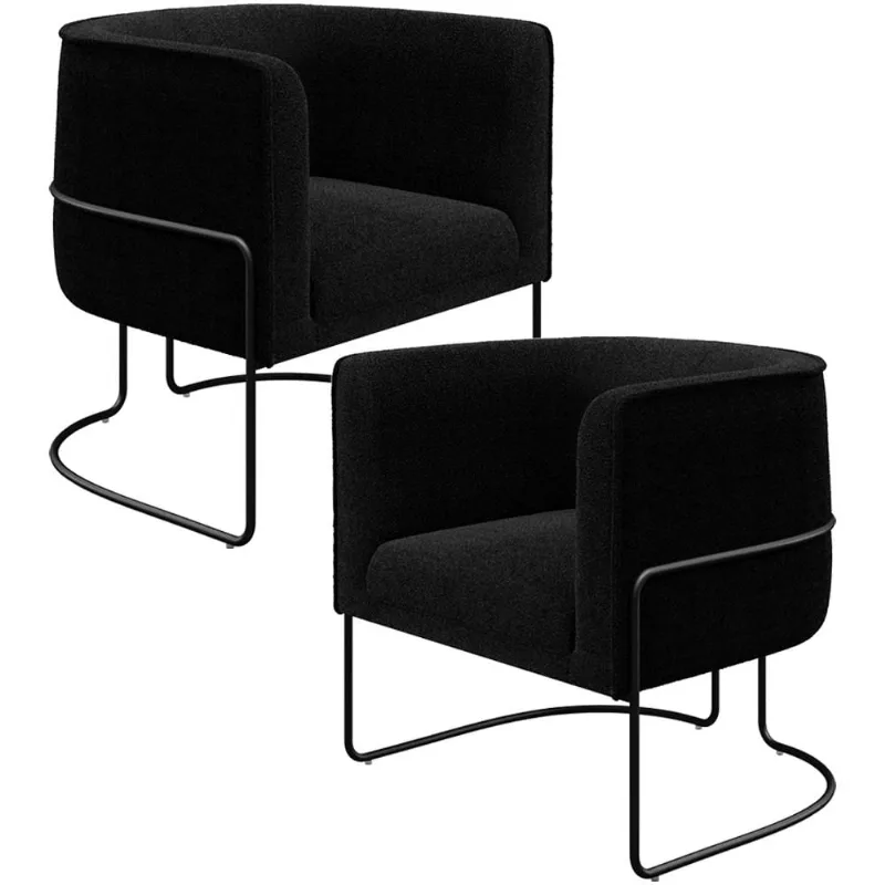 Kit 02 Poltronas Para Sala De Estar Decorativa Fixa Base Aço Preto Betina Bouclê Preto - Lyam Decor - Lyam Decor