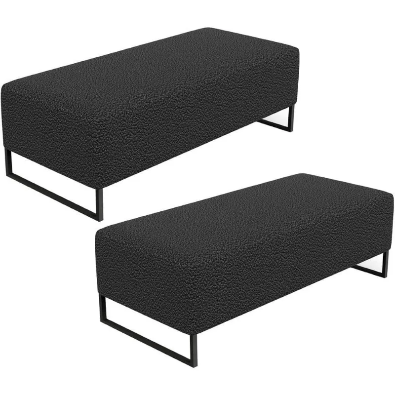 Kit 02 Puffs Decorativo Sala De Estar Bali W01 Base Ferro 120x50 Cm Bouclê Preto