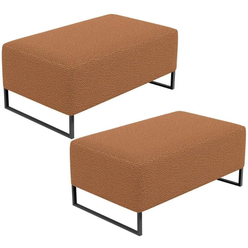 Kit 02 Puffs Decorativo Sala De Estar Cléo 90Cm Base De Ferro Preto W01 Bouclê Terracota
