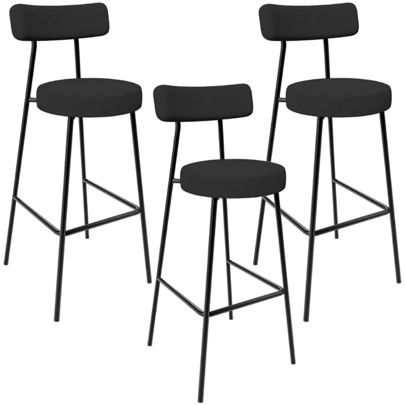 Kit 03 Banquetas Altas Cozinha Bar Sala De Jantar Em Aço Milão L02 Bouclê Preto - Lyam Decor