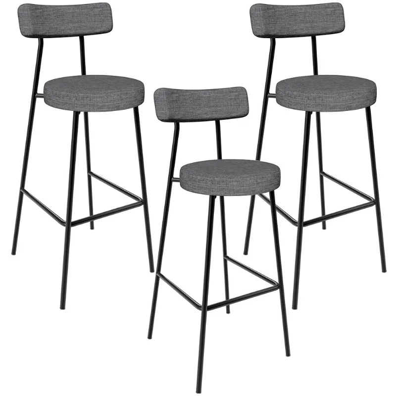 Kit 03 Banquetas Altas Cozinha Bar Sala De Jantar Em Aço Milão L02 Linho Cinza Escuro - Lyam Decor