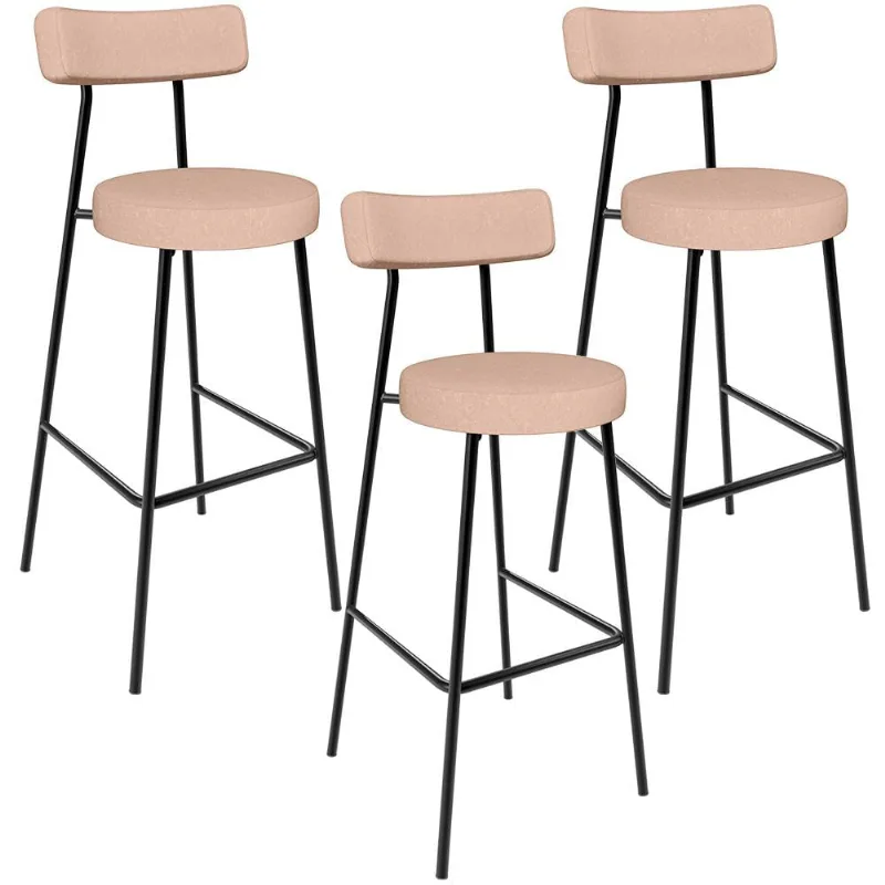Kit 03 Banquetas Altas Cozinha Bar Sala De Jantar Em Aço Milão L02 Linho Rosê - Lyam Decor