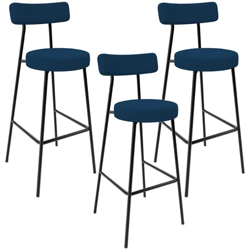 Kit 03 Banquetas Alta Bar Cozinha Sala De Jantar Em Aço Milão L02 Suede Azul Marinho - Lyam Decor