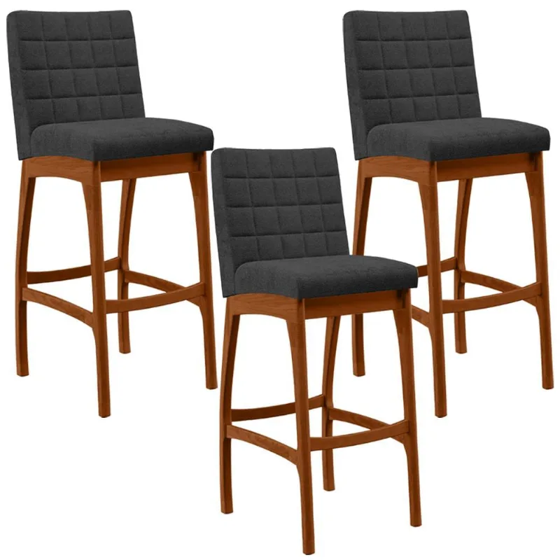 Kit 03 Banquetas Altas Para Cozinha Sala De Jantar Fixa Mila L02 Bouclê Preto - Lyam Decor