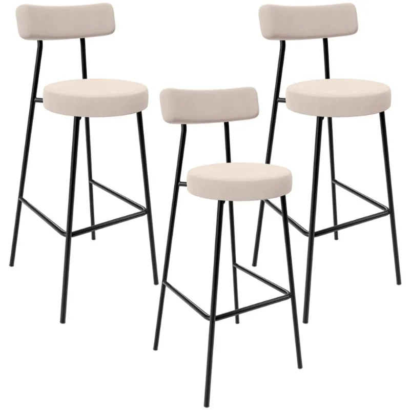 Kit 03 Banquetas Baixa Bar Cozinha Sala De Jantar Estrutura Em Aço Milão L02 Suede Bege - Lyam Decor