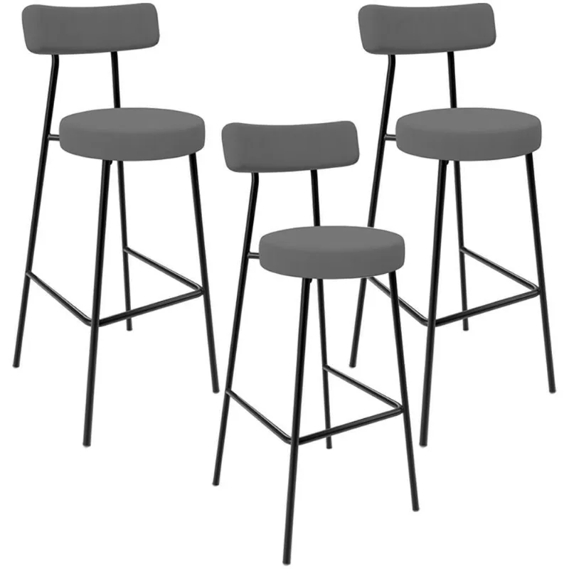 Kit 03 Banquetas Baixa Bar Cozinha Sala De Jantar Estrutura Em Aço Milão L02 Suede Cinza - Lyam Decor