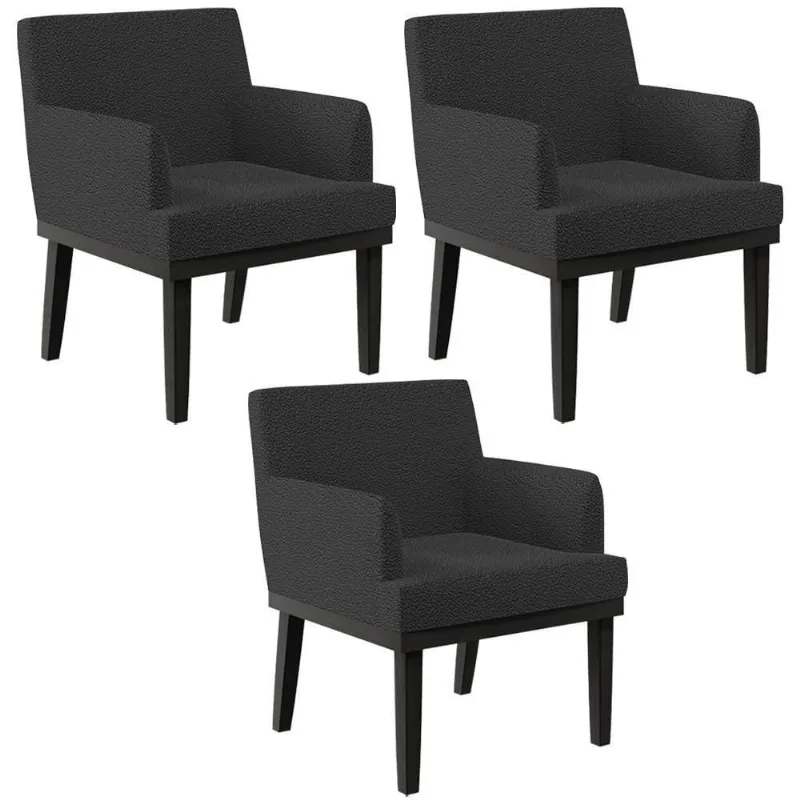 Kit 03 Poltronas Decorativas Beatriz W01 Bouclê Preto Lyam Decor