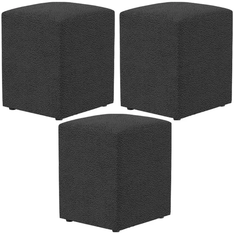 Kit 03 Puffs Quadrado Decorativo L02 Bouclê Preto - Lyam Decor