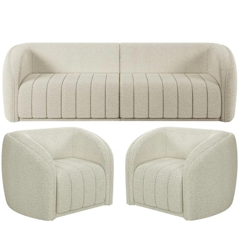 Kit Sofá 04 Lugares Para Sala 252 cm com 02 Poltronas Lazio M03 Bouclê Bege Claro - Lyam Decor - Lyam Decor