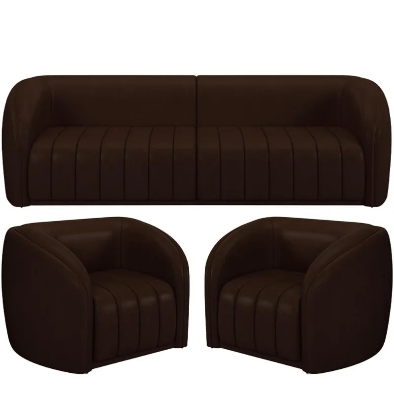 Kit Sofá 4 Lugares Para Sala 252cm com 02 Poltronas Lazio M03 Corano Marrom - Lyam Decor - Lyam Decor