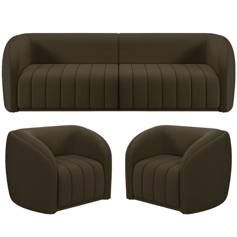Kit Sofá 04 Lugares Para Sala 292 cm com 02 Poltronas Lazio M03 Veludo Marrom - Lyam Decor - Lyam Decor