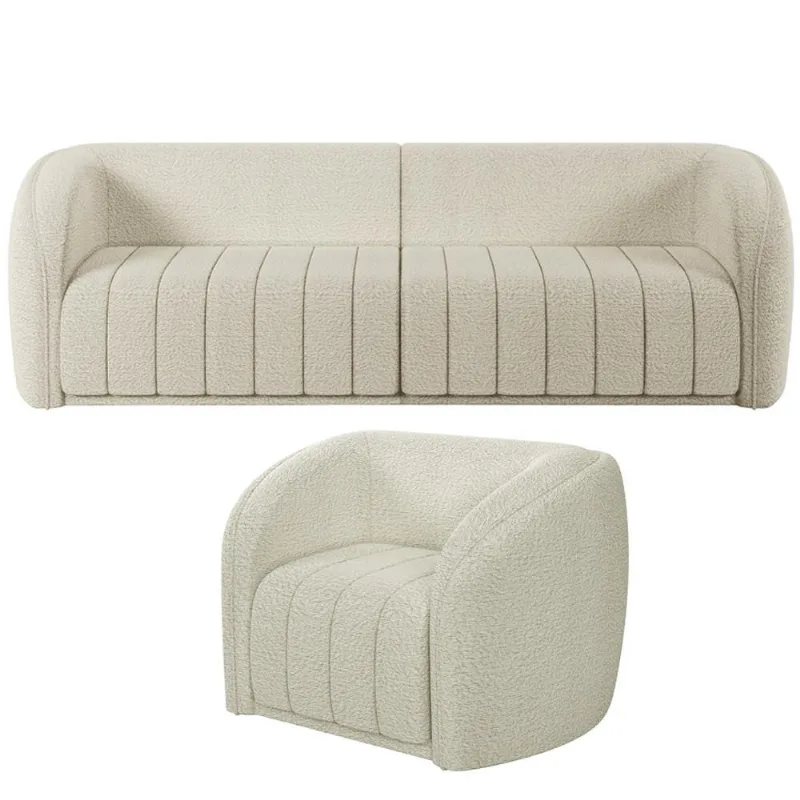 Kit Sofá 5 Lugares Para Sala Estar 332 cm com 01 Poltrona Lazio M03 Bouclê Bege Claro - Lyam Decor - Lyam Decor