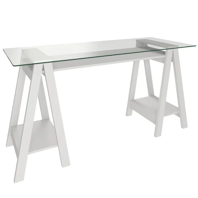Mesa Para Escritório Escrivaninha Home Office Tampo De Vidro 150x75 Cristal A02 Branco - Lyam Decor - Lyam Decor