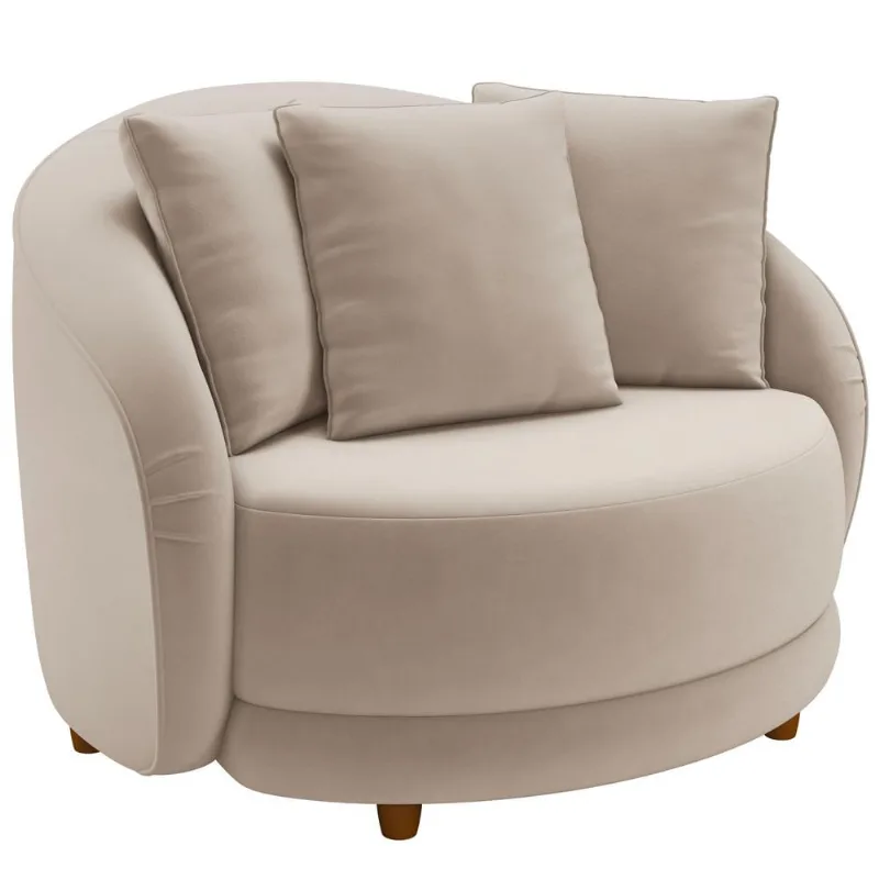 Poltrona Decorativa Para Sala de Estar Fixa Pés Madeira Witta M03 Veludo Bege - Lyam Decor - Lyam Decor