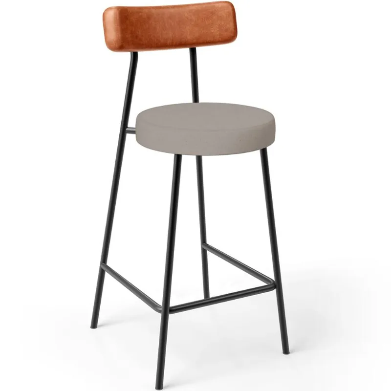 Banqueta Baixa Cozinha Sala Jantar Bancada Milão L02 Couríssimo Camel Linho Bege - Lyam Decor - Lyam Decor