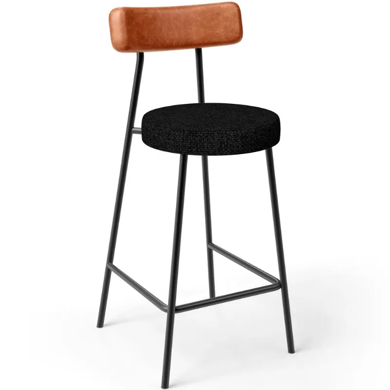 Banqueta Baixa Cozinha Sala Jantar Bancada Milão L02 Couríssimo Camel Linho Chumbo - Lyam Decor - Lyam Decor