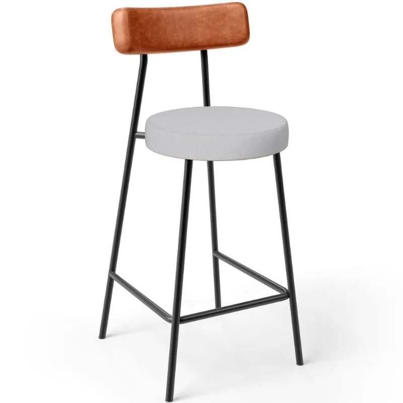 Banqueta Baixa Bar Cozinha Sala De Jantar Milão L02 Couríssimo Camel Linho Cinza - Lyam Decor - Lyam Decor