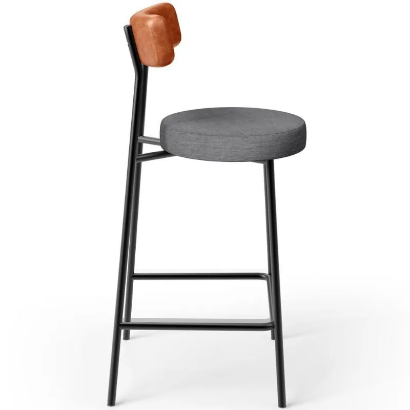 Banqueta Baixa Cozinha Sala Jantar Milão L02 Couríssimo Camel Linho Cinza Escuro - Lyam Decor