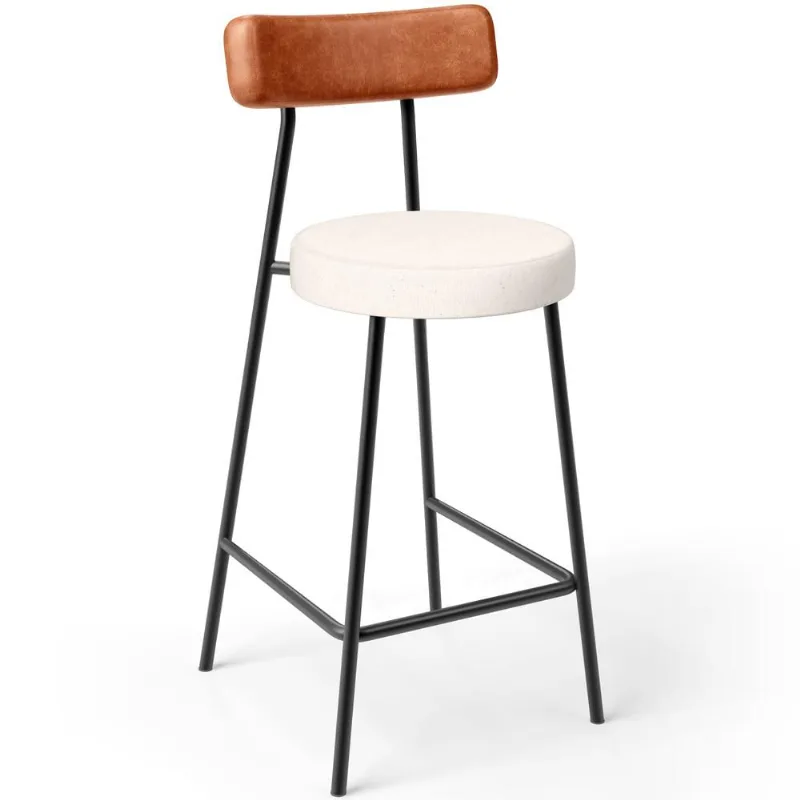Banqueta Baixa Cozinha Sala Jantar Bancada Milão L02 Couríssimo Camel Linho Cru - Lyam Decor - Lyam Decor