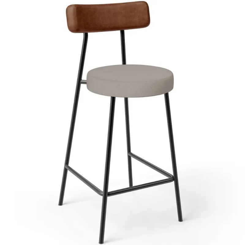 Banqueta Baixa Cozinha Sala Jantar Bancada Milão L02 Couríssimo Marrom Linho Bege - Lyam Decor - Lyam Decor