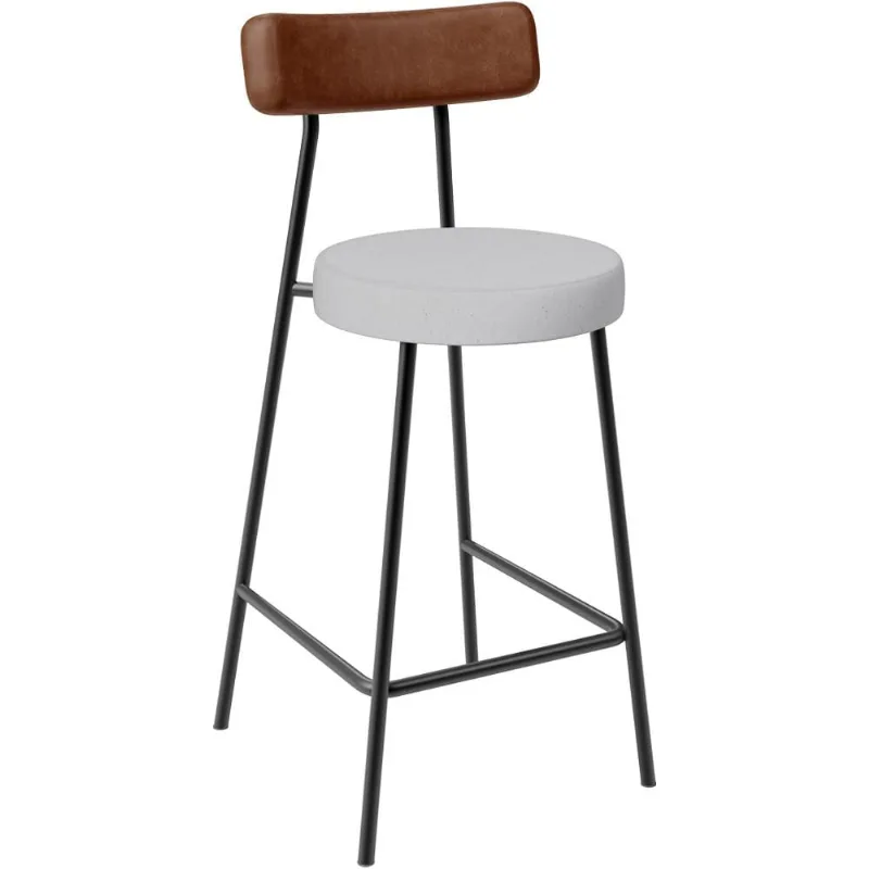 Banqueta Baixa Cozinha Sala Jantar Bancada Milão L02 Couríssimo Marrom Linho Cinza - Lyam Decor - Lyam Decor
