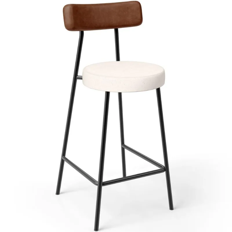 Banqueta Baixa Cozinha Sala Jantar Bancada Milão L02 Couríssimo Marrom Linho Cru - Lyam Decor - Lyam Decor