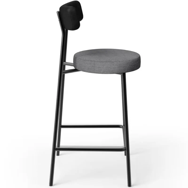 Banqueta Baixa Cozinha Sala Jantar Milão L02 Couríssimo Preto Linho Cinza Escuro - Lyam Decor