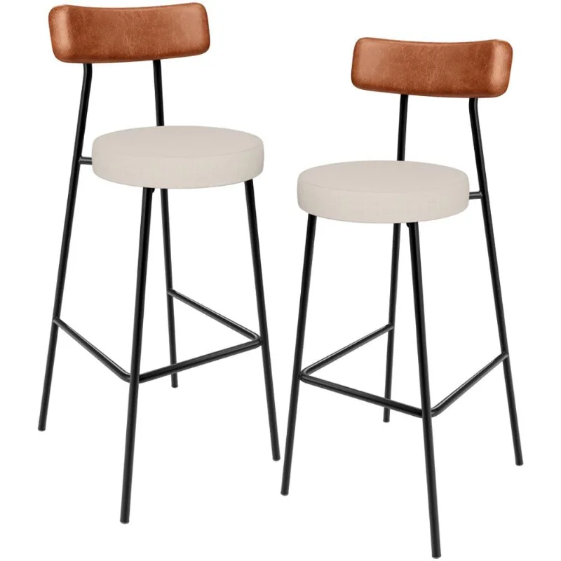 Kit 02 Banquetas Alta Bar Cozinha Sala De Jantar Milão L02 Couríssimo Camel Linho Cru - Lyam Decor