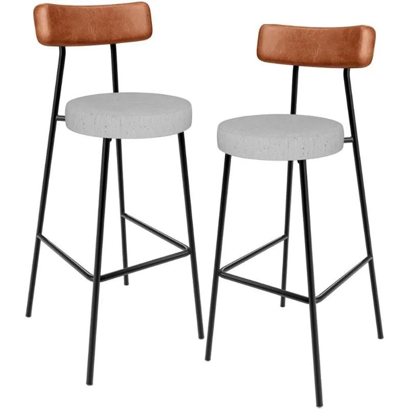Kit 02 Banquetas Alta Cozinha Sala Jantar Aço Milão L02 Couríssimo Camel Linho Cinza - Lyam Decor