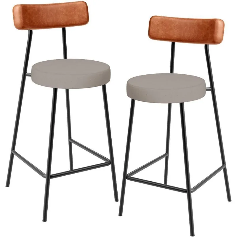 Kit 02 Banquetas Baixa Bar Cozinha Sala Jantar Milão L02 Couríssimo Camel Linho Bege - Lyam Decor