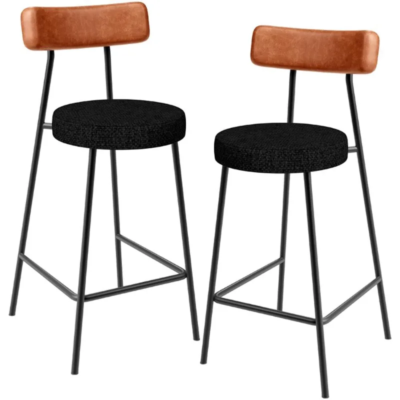 Kit 02 Banquetas Baixa Cozinha Sala Jantar Bancada Milão L02 Couríssimo Camel Linho Chumbo - Lyam Decor