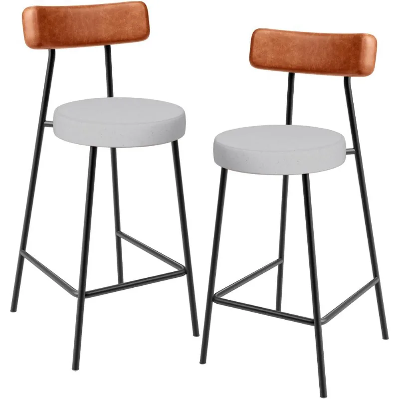 Kit 02 Banquetas Bar Baixa Cozinha Sala Jantar Milão L02 Couríssimo Camel Linho Cinza - Lyam Decor