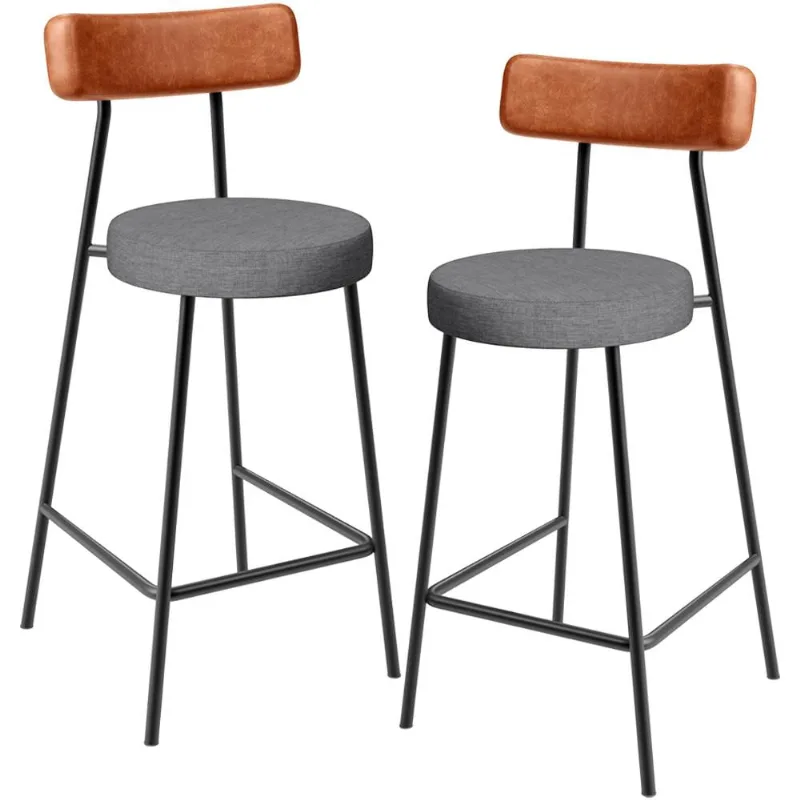 Kit 02 Banquetas Baixa Cozinha Jantar Milão L02 Couríssimo Camel Linho Cinza Escuro - Lyam Decor