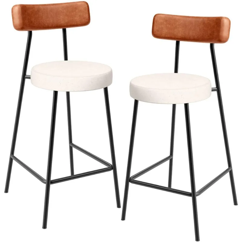 Kit 02 Banquetas Baixa Cozinha Sala Jantar Milão L02 Couríssimo Camel Linho Cru- Lyam Decor