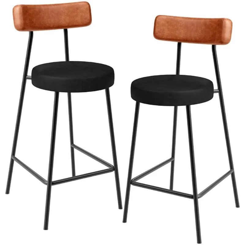 Kit 02 Banquetas Baixa Cozinha Sala Jantar Bancada Milão L02 Couríssimo Camel Preto - Lyam Decor