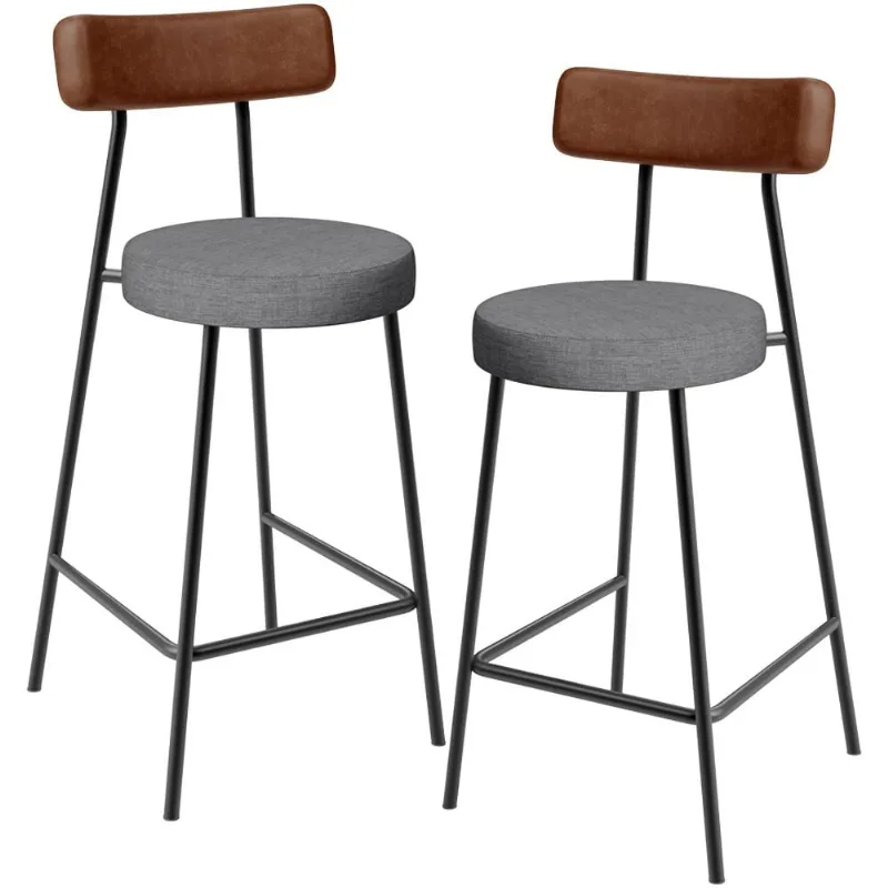 Kit 02 Banquetas Baixa Cozinha Jantar Milão L02 Couríssimo Marrom Linho Cinza Escuro - Lyam Decor