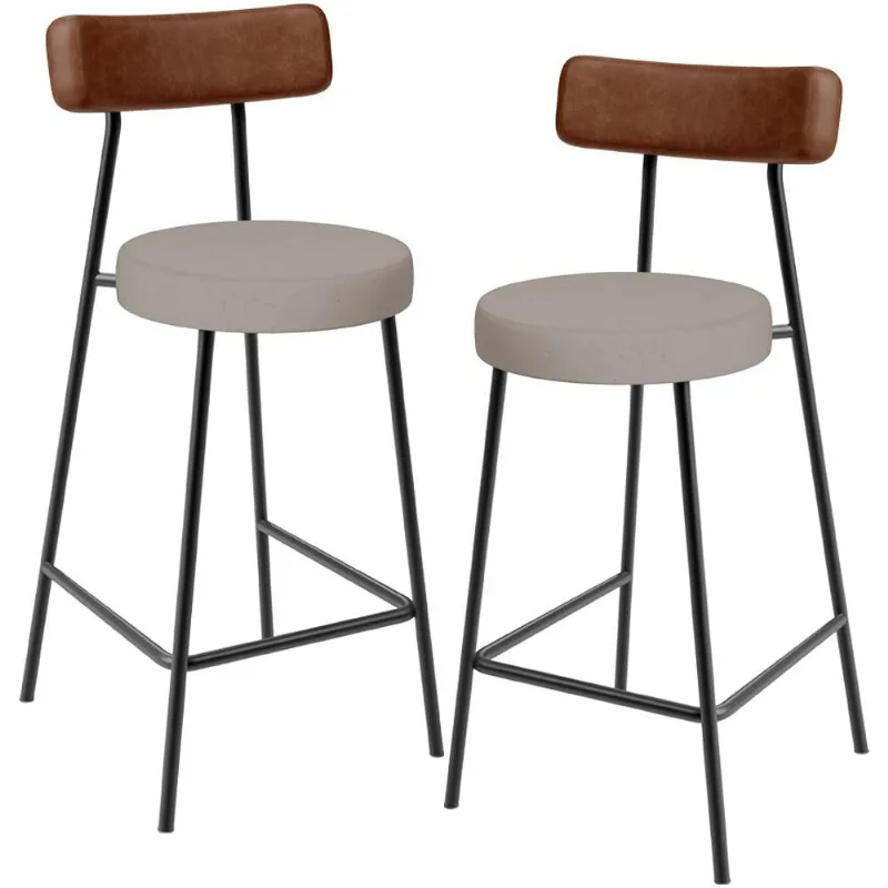 Kit 02 Banquetas Baixa Cozinha Sala De Jantar Milão L02 Couríssimo Marrom Linho Bege - Lyam Decor