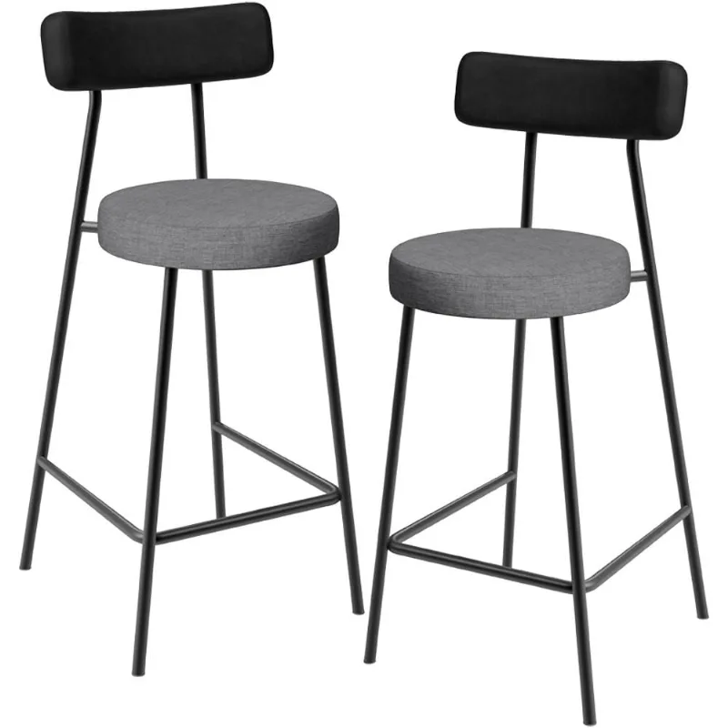 Kit 02 Banquetas Baixa Cozinha Jantar Milão L02 Couríssimo Preto Linho Cinza Escuro - Lyam Decor