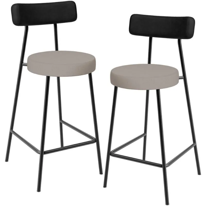 Kit 02 Banquetas Baixa Bar Cozinha Sala Jantar Milão L02 Couríssimo Preto Linho Bege - Lyam Decor