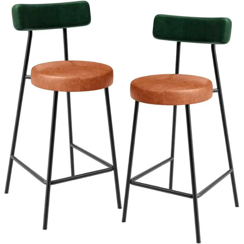 Kit 02 Banquetas Baixa Cozinha Sala Jantar Bancada Milão L02 Facto Verde Musgo Camel - Lyam Decor