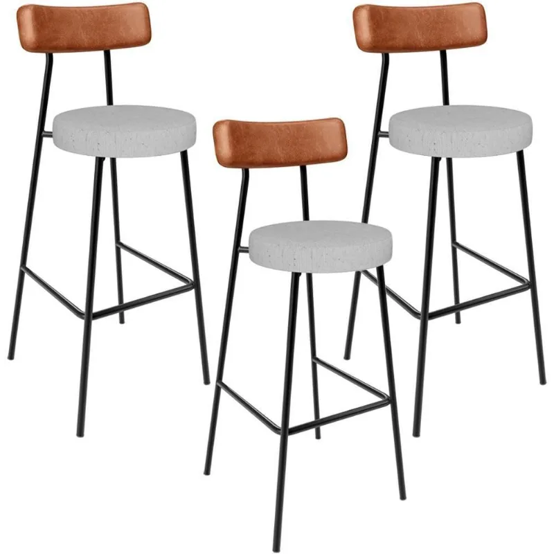 Kit 03 Banquetas Alta Cozinha Sala De Jantar Aço Milão L02 Couríssimo Camel Linho Cinza - Lyam Decor
