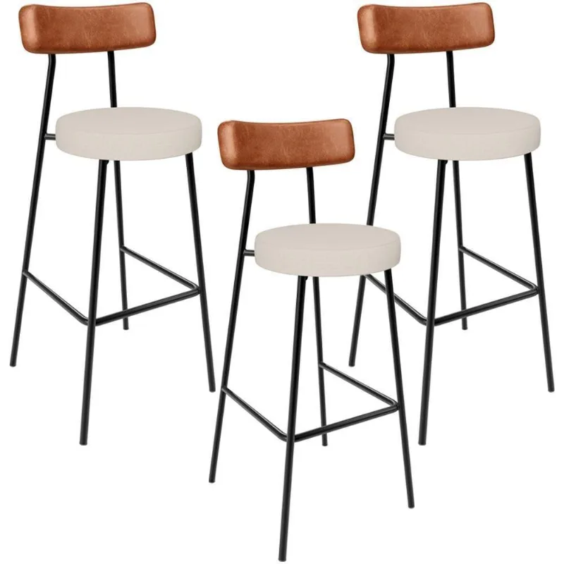 Kit 03 Banquetas Alta Bar Cozinha Sala De Jantar Milão L02 Couríssimo Camel Linho Cru - Lyam Decor
