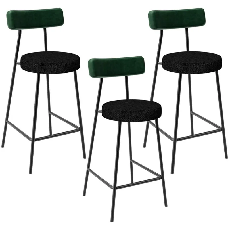 Kit 03 Banquetas Baixa Bar Cozinha E Sala De Jantar Milão L02 Facto Verde Linho Chumbo - Lyam Decor