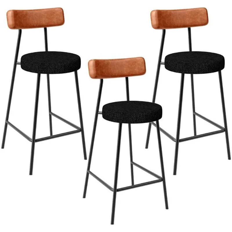 Kit 03 Banquetas Baixa Cozinha Sala Jantar Bancada Milão L02 Couríssimo Camel Linho Chumbo Decor - Lyam Decor