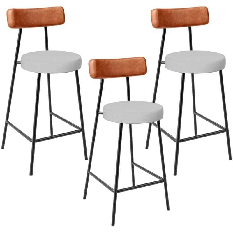 Kit 03 Banquetas Baixa Bar Cozinha Sala Jantar Milão L02 Couríssimo Camel Linho Cinza - Lyam Decor