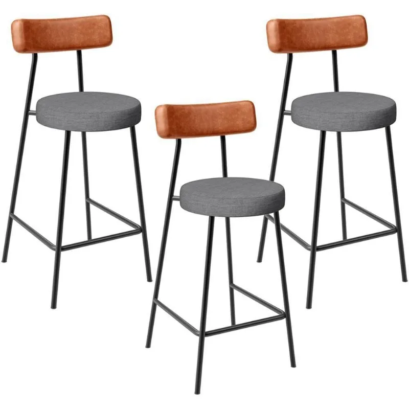 Kit 03 Banquetas Baixa Cozinha Jantar Milão L02 Couríssimo Camel Linho Cinza Escuro - Lyam Decor