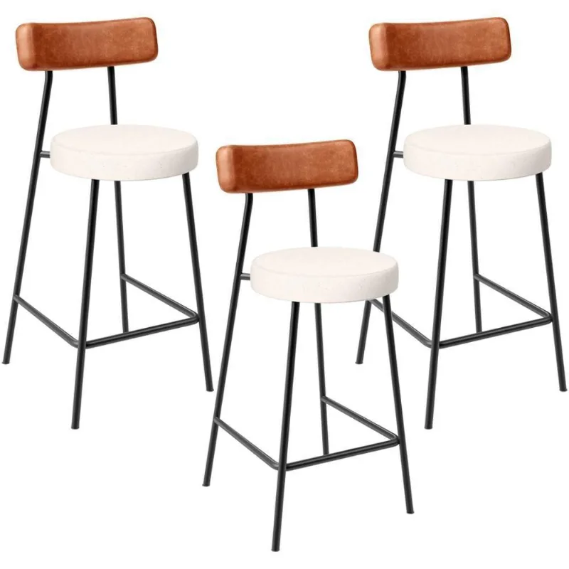 Kit 03 Banquetas Baixa Cozinha Sala Jantar Milão L02 Couríssimo Camel Linho Cru - Lyam Decor