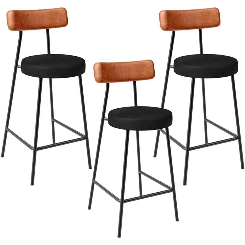Kit 03 Banquetas Baixa Cozinha Sala Jantar Bancada Milão L02 Couríssimo Camel Preto - Lyam Decor