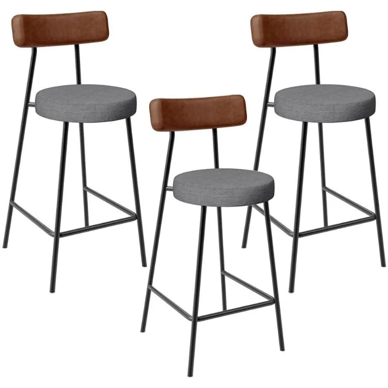 Kit 03 Banquetas Baixa Cozinha Jantar Milão L02 Couríssimo Marrom Linho Cinza Escuro - Lyam Decor